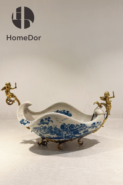HomeDor × FH&Home | Exquisite Blue-and-White Porcelain Fruit Platter with Cherub Handles