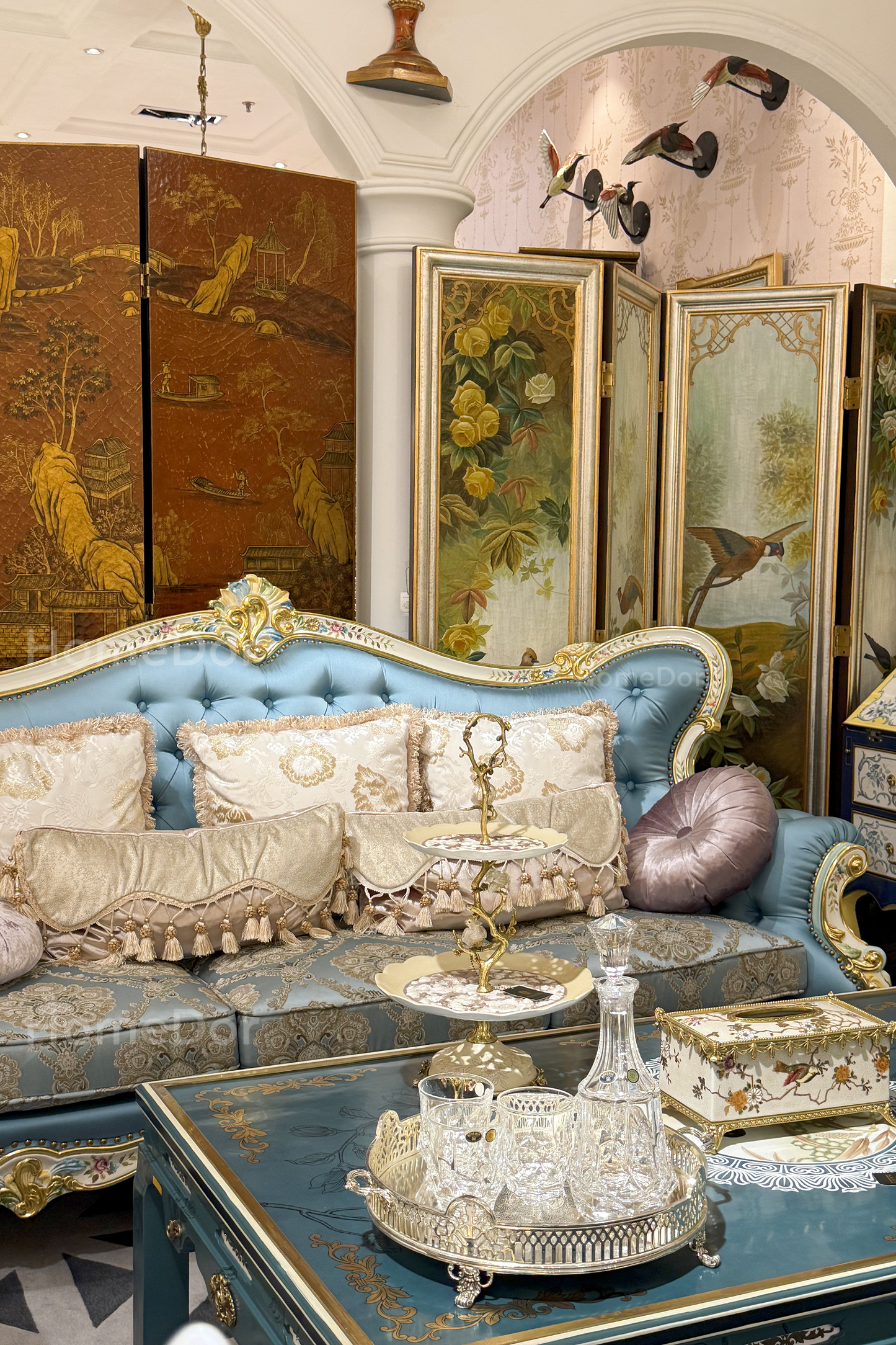 HomeDor × FH&Home | Blossom Crown Carved Mahogany Fabric Sofa Two/Three Seater Classic Floral Collection