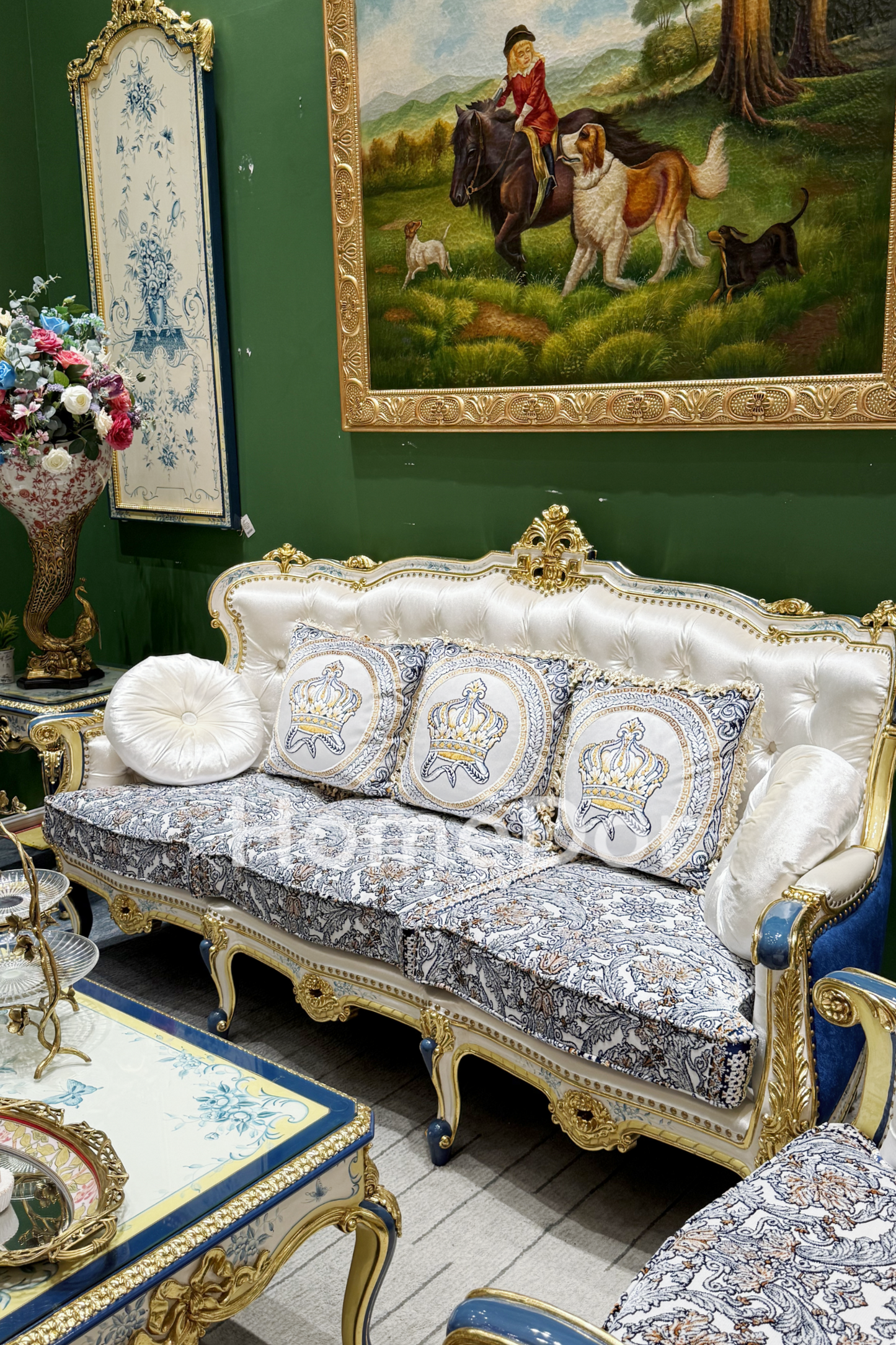 HomeDor × FH&Home | Royal Blue and Gold Carved Mahogany Sofa with Crown Embroidered Cushions