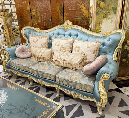 HomeDor × FH&Home | Blossom Crown Carved Mahogany Fabric Sofa Two/Three Seater Classic Floral Collection