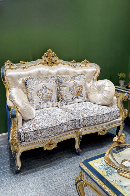 HomeDor × FH&Home | Royal Blue and Gold Carved Mahogany Sofa with Crown Embroidered Cushions
