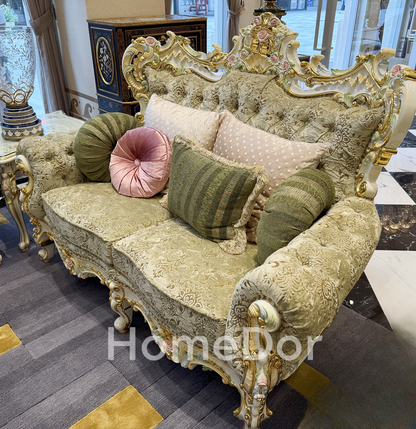 HomeDor × FH&Home | Royal French Rose Mahogany Fairy Green Sofa with Artisan Carving