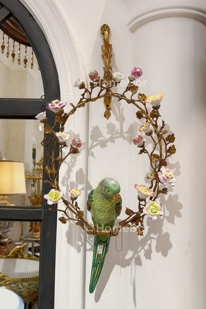 HomeDor × FH&Home | Artistic Hanging Wall Decor of Parrot Perched on Floral Hoop