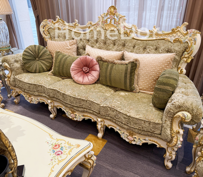 HomeDor × FH&Home | Royal French Rose Mahogany Fairy Green Sofa with Artisan Carving