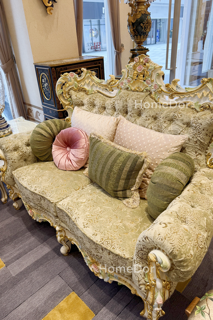 HomeDor × FH&Home | Royal French Rose Mahogany Fairy Green Sofa with Artisan Carving