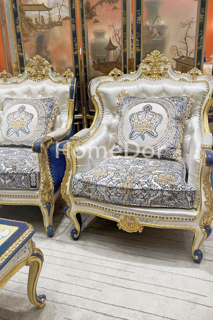HomeDor × FH&Home | Royal Blue and Gold Carved Mahogany Sofa with Crown Embroidered Cushions