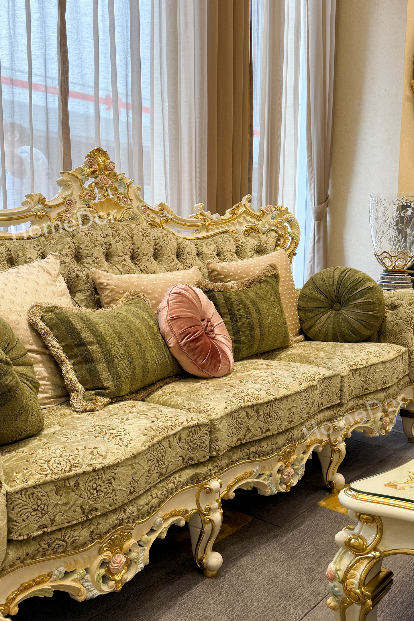 HomeDor × FH&Home | Royal French Rose Mahogany Fairy Green Sofa with Artisan Carving