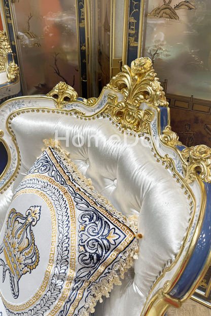 HomeDor × FH&Home | Royal Blue and Gold Carved Mahogany Sofa with Crown Embroidered Cushions