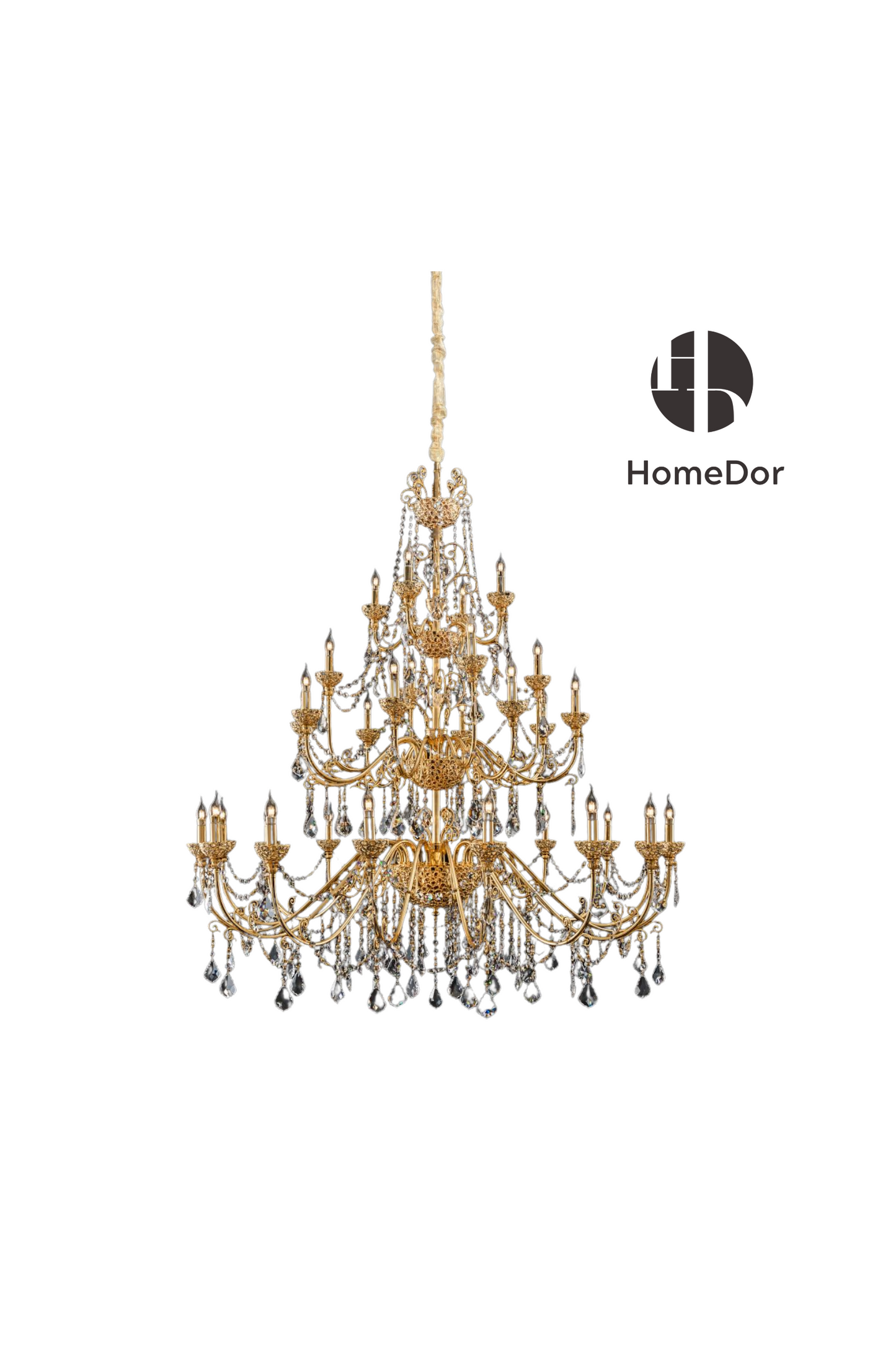 HomeDor Rococo Style 24K Color Luxury Brass Chandelier Set Crystal Light Fixture