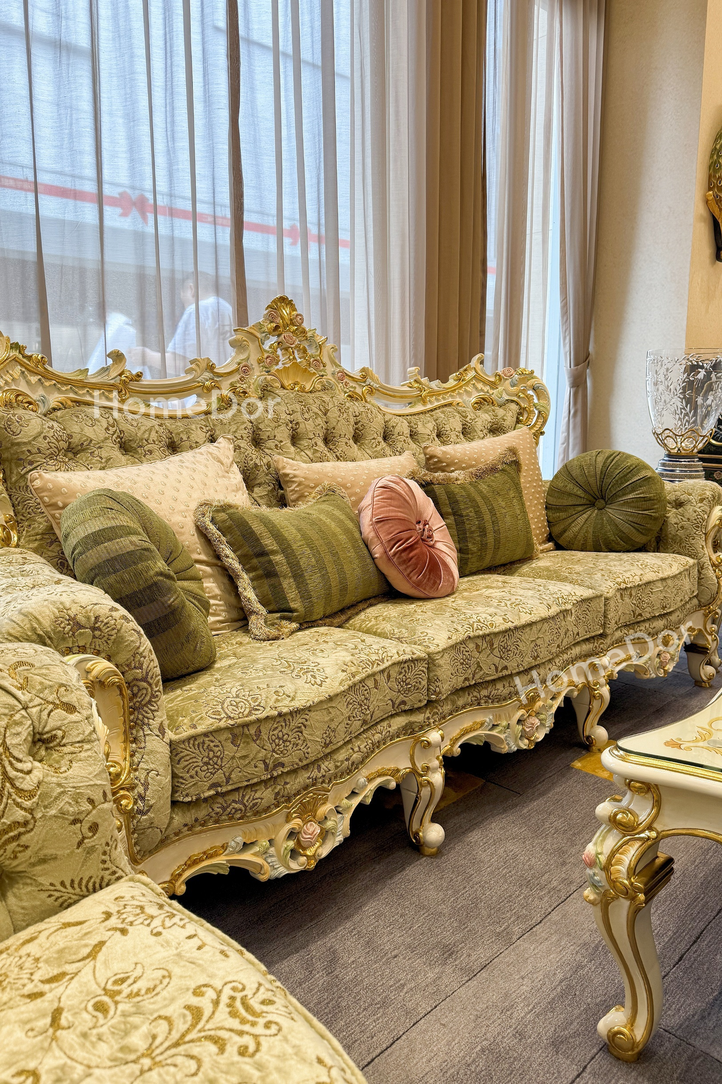 HomeDor × FH&Home | Royal French Rose Mahogany Fairy Green Sofa with Artisan Carving