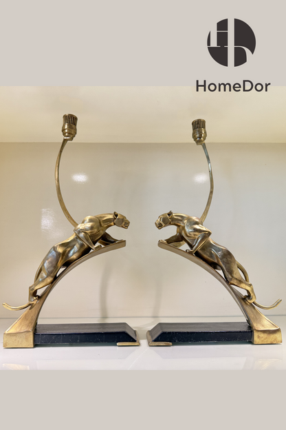HomeDor-HomeDor × FH&Home | Elegant Modern Classical Copper Bookend Candle Holders with Leaping Panther Sculptures-Candelabras-L23cm × W9cm × H48cm-