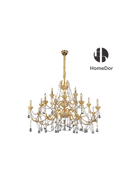 HomeDor Rococo Style 24K Color Luxury Brass Chandelier Set Crystal Light Fixture