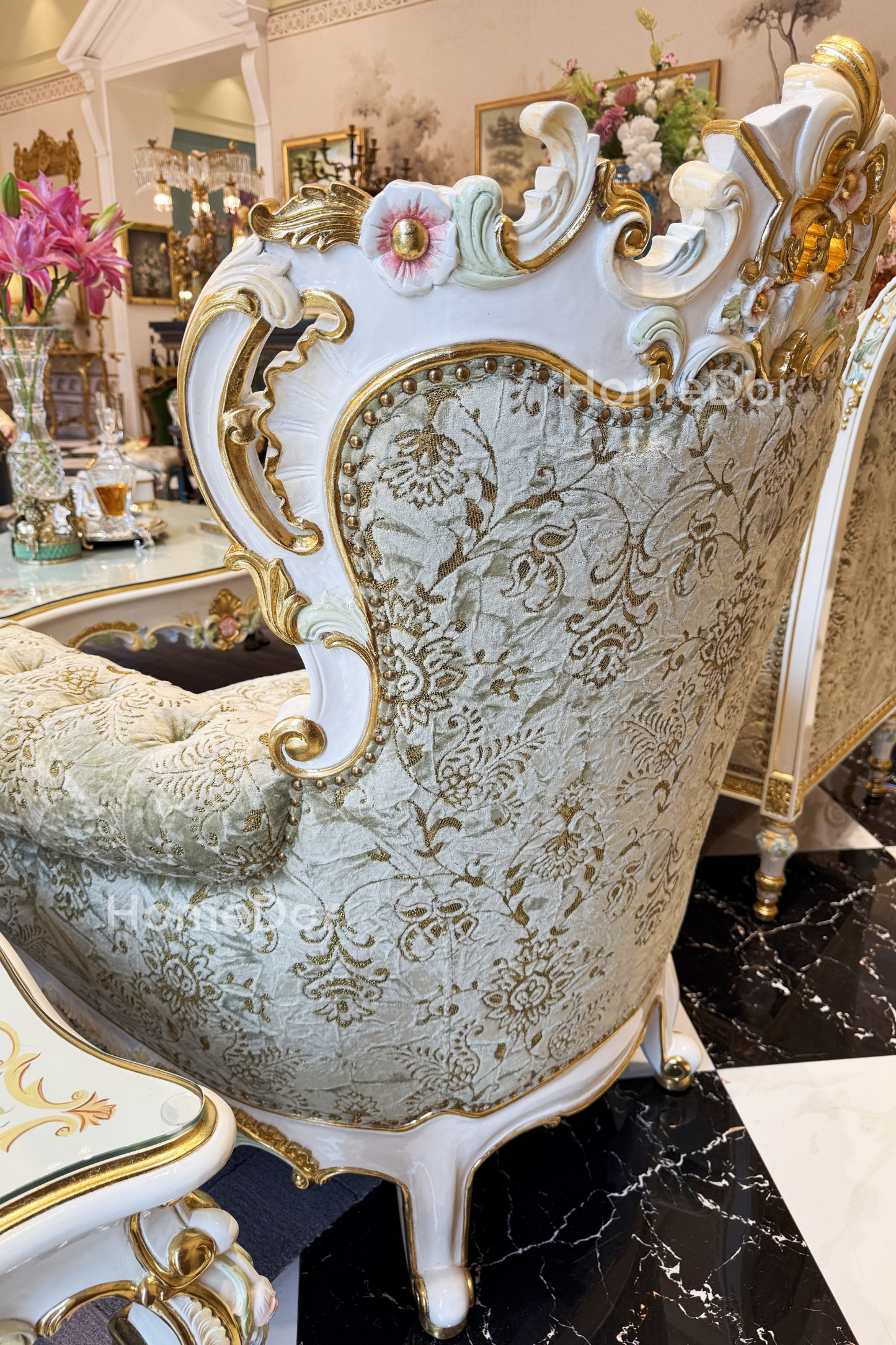 HomeDor × FH&Home | Royal French Rose Mahogany Fairy Green Sofa with Artisan Carving