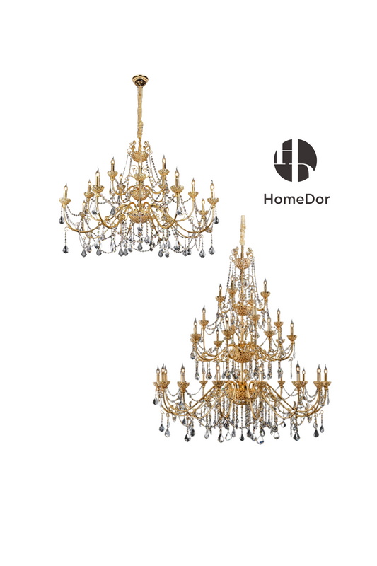HomeDor Rococo Style 24K Color Luxury Brass Chandelier Set Crystal Light Fixture