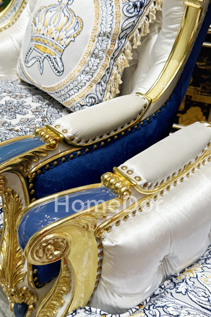 HomeDor × FH&Home | Royal Blue and Gold Carved Mahogany Sofa with Crown Embroidered Cushions
