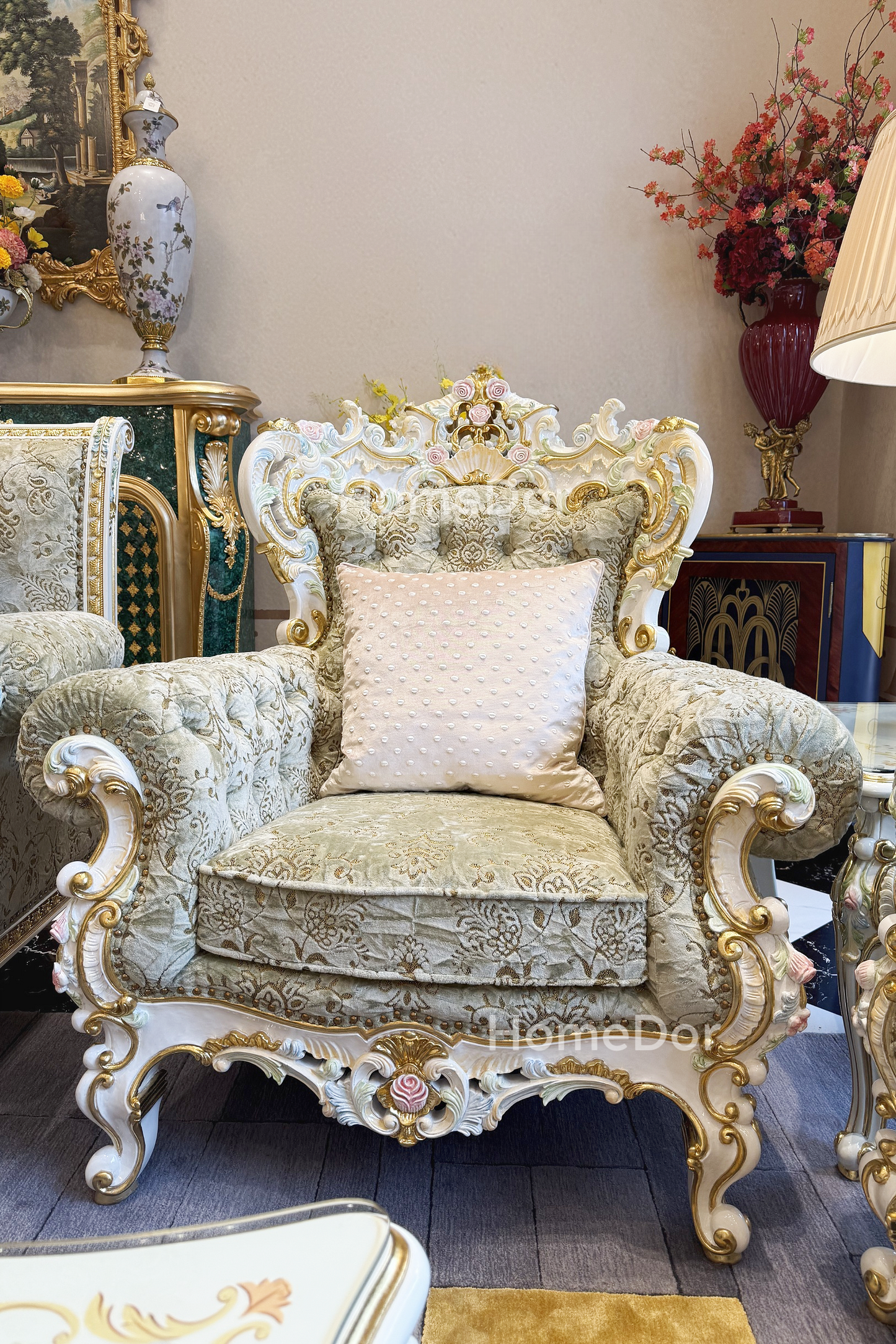 HomeDor × FH&Home | Royal French Rose Mahogany Fairy Green Sofa with Artisan Carving