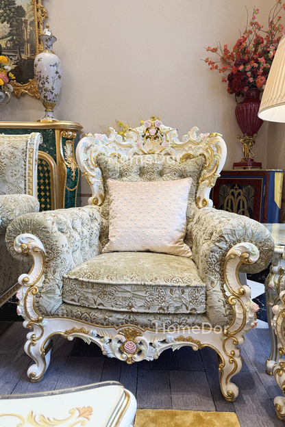 HomeDor × FH&Home | Royal French Rose Mahogany Fairy Green Sofa with Artisan Carving