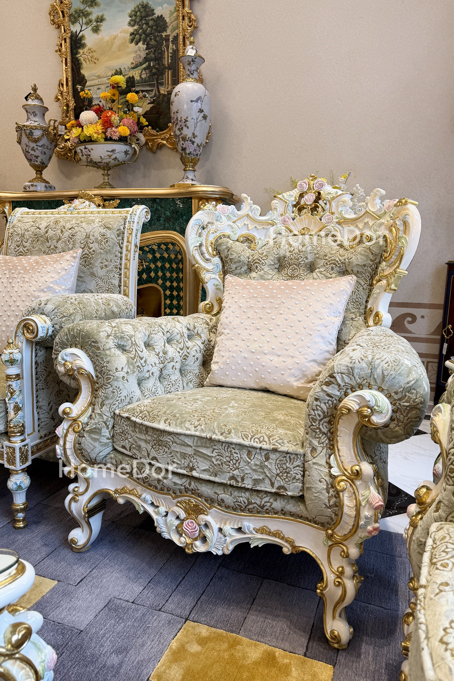 HomeDor × FH&Home | Royal French Rose Mahogany Fairy Green Sofa with Artisan Carving