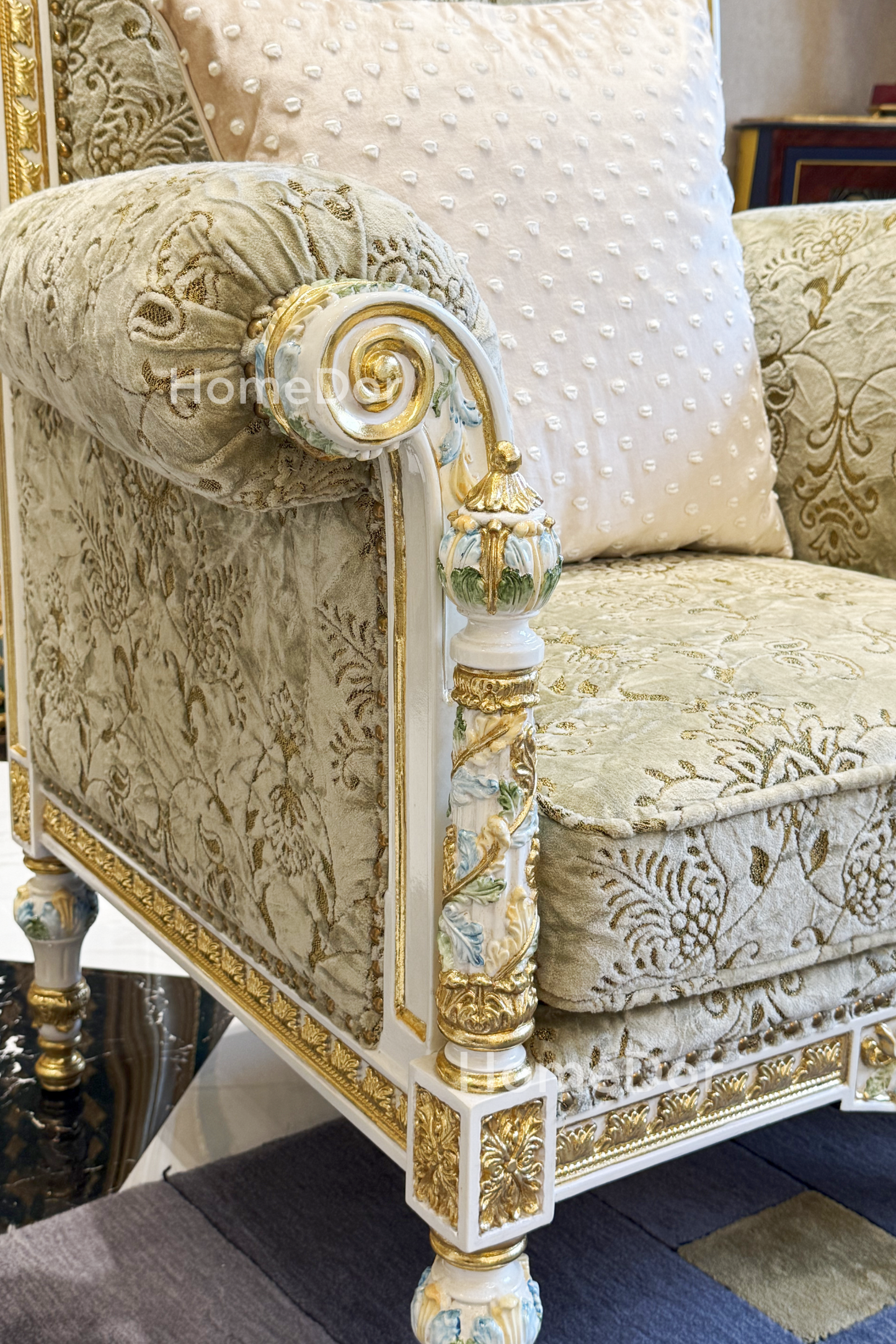 HomeDor × FH&Home | Royal French Rose Mahogany Fairy Green Sofa with Artisan Carving