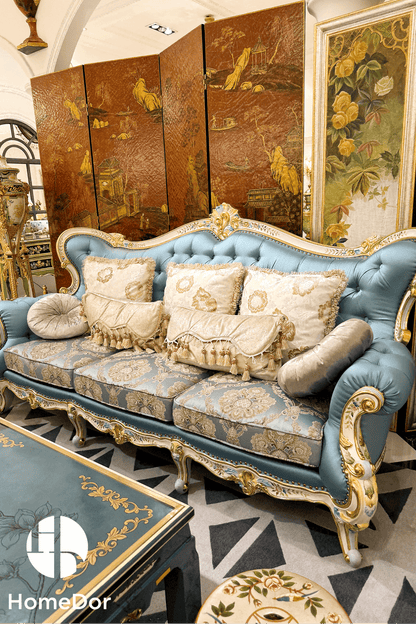 HomeDor Floral Collection Corolla Carved Mahogany Silky Blue Sofa