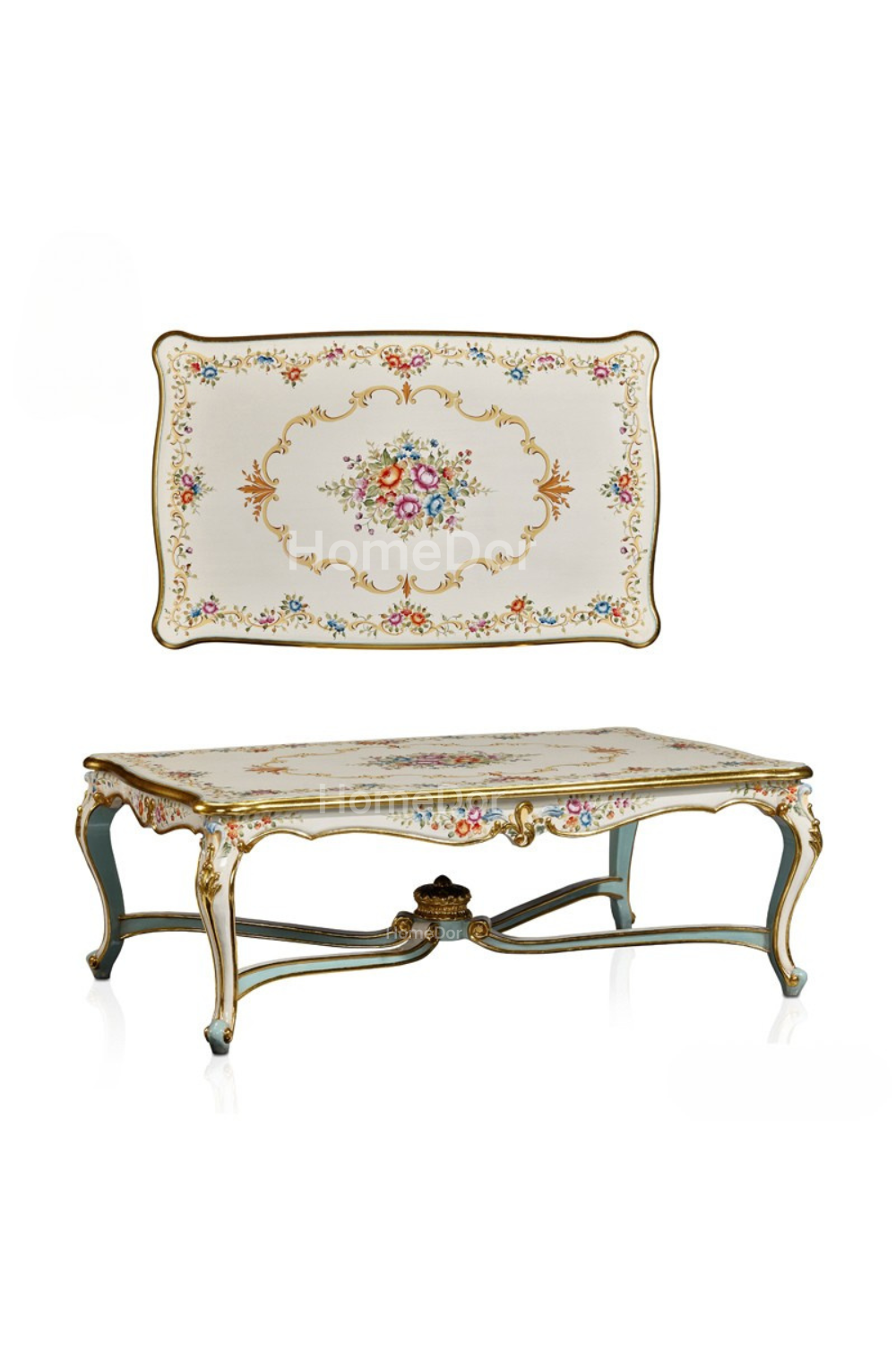 HomeDor × FH&Home | Classic Rococo Elegance Ivory Floral Hand-Painted Carved Coffee Table/End Table