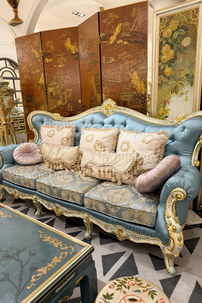HomeDor × FH&Home | Blossom Crown Carved Mahogany Fabric Sofa Two/Three Seater Classic Floral Collection