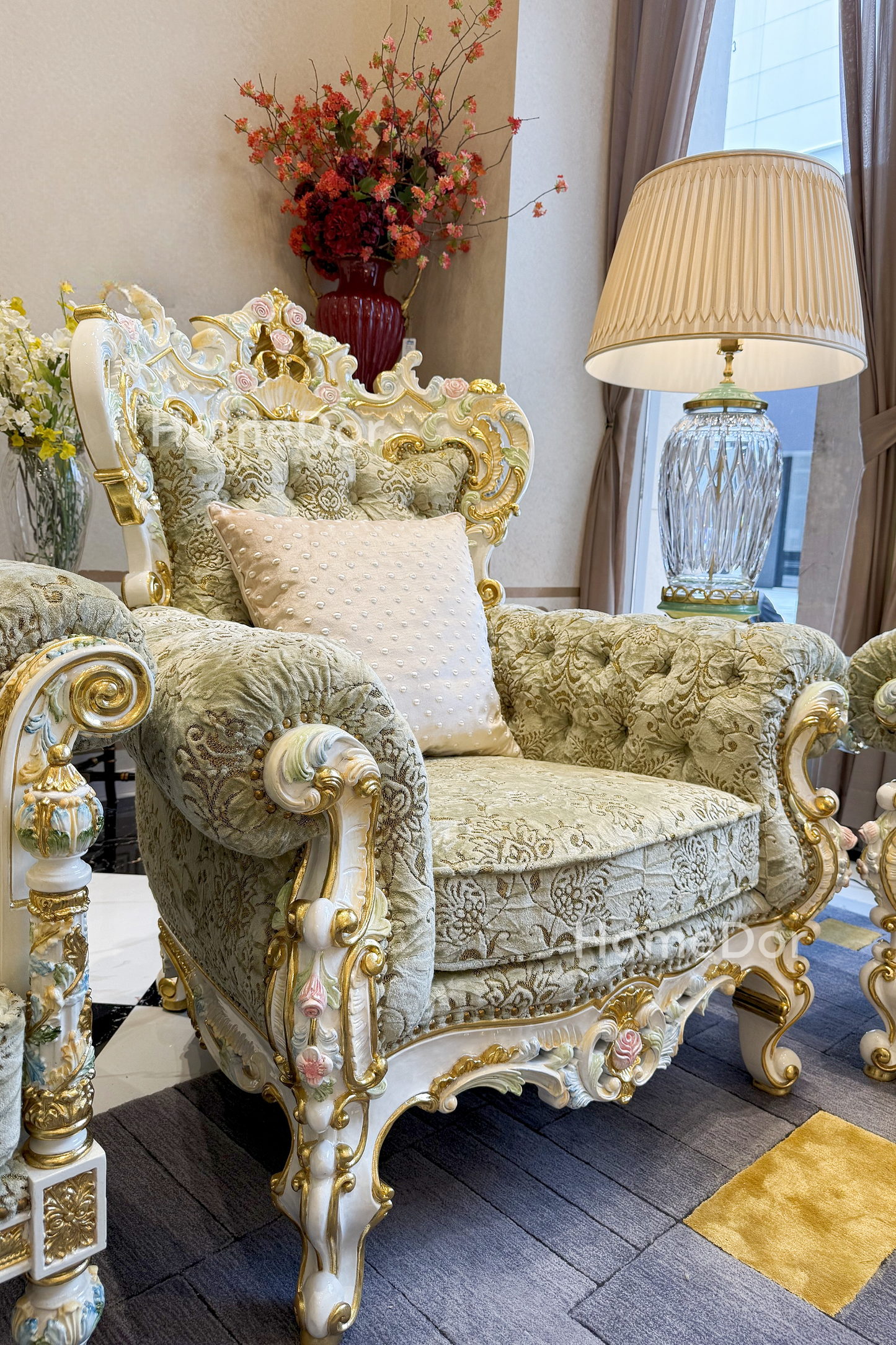 HomeDor × FH&Home | Royal French Rose Mahogany Fairy Green Sofa with Artisan Carving