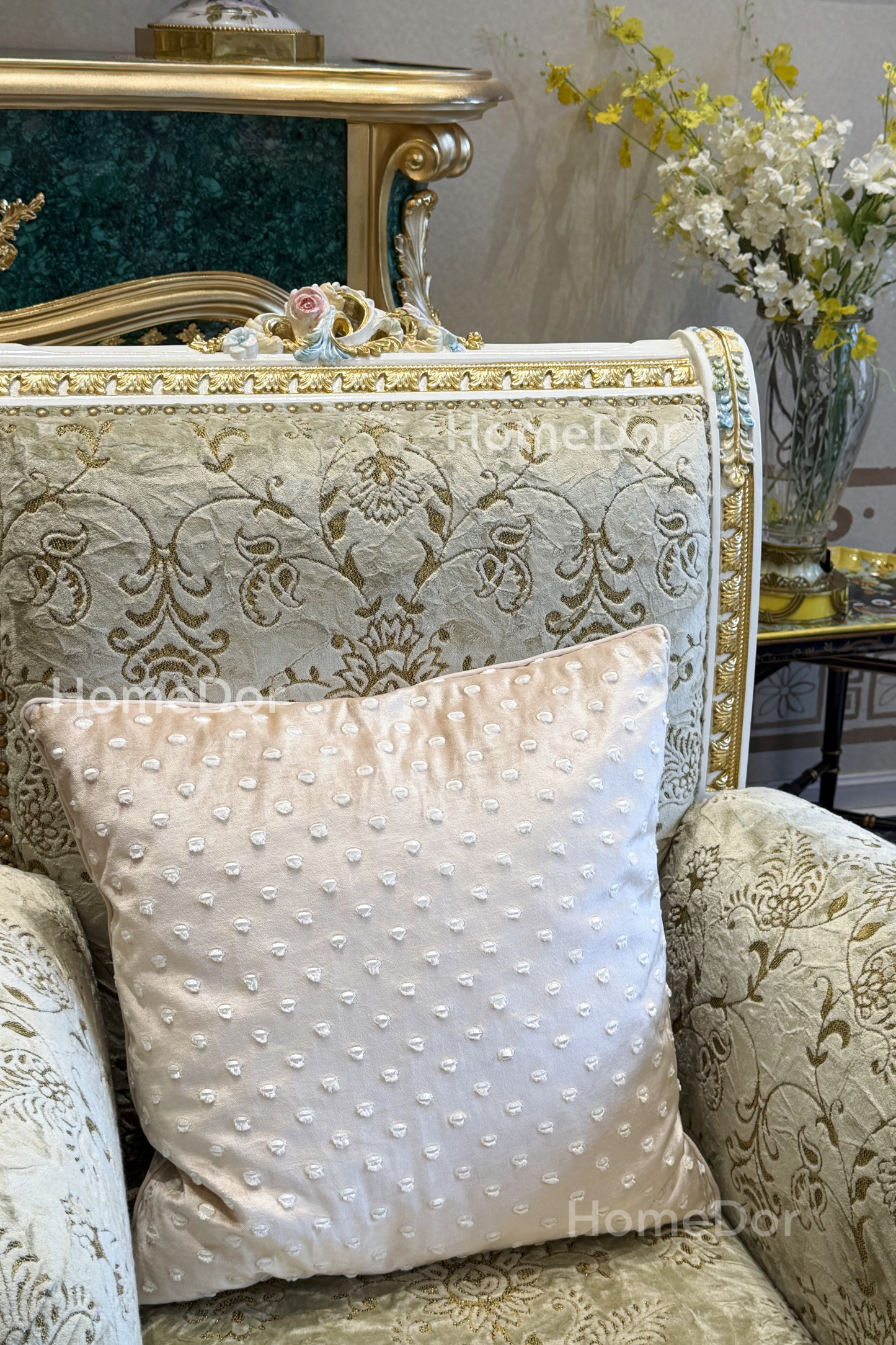 HomeDor × FH&Home | Royal French Rose Mahogany Fairy Green Sofa with Artisan Carving