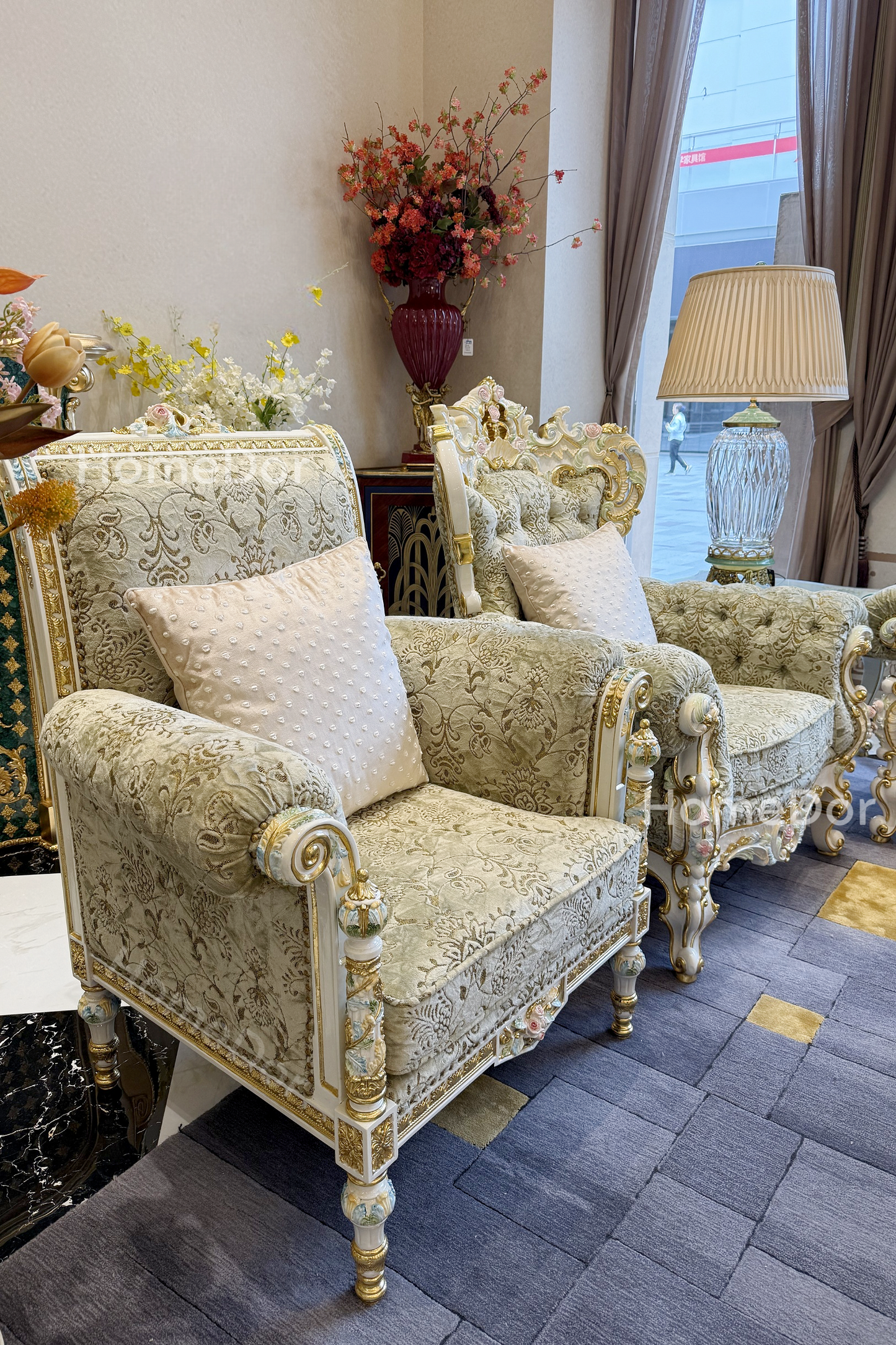 HomeDor × FH&Home | Royal French Rose Mahogany Fairy Green Sofa with Artisan Carving