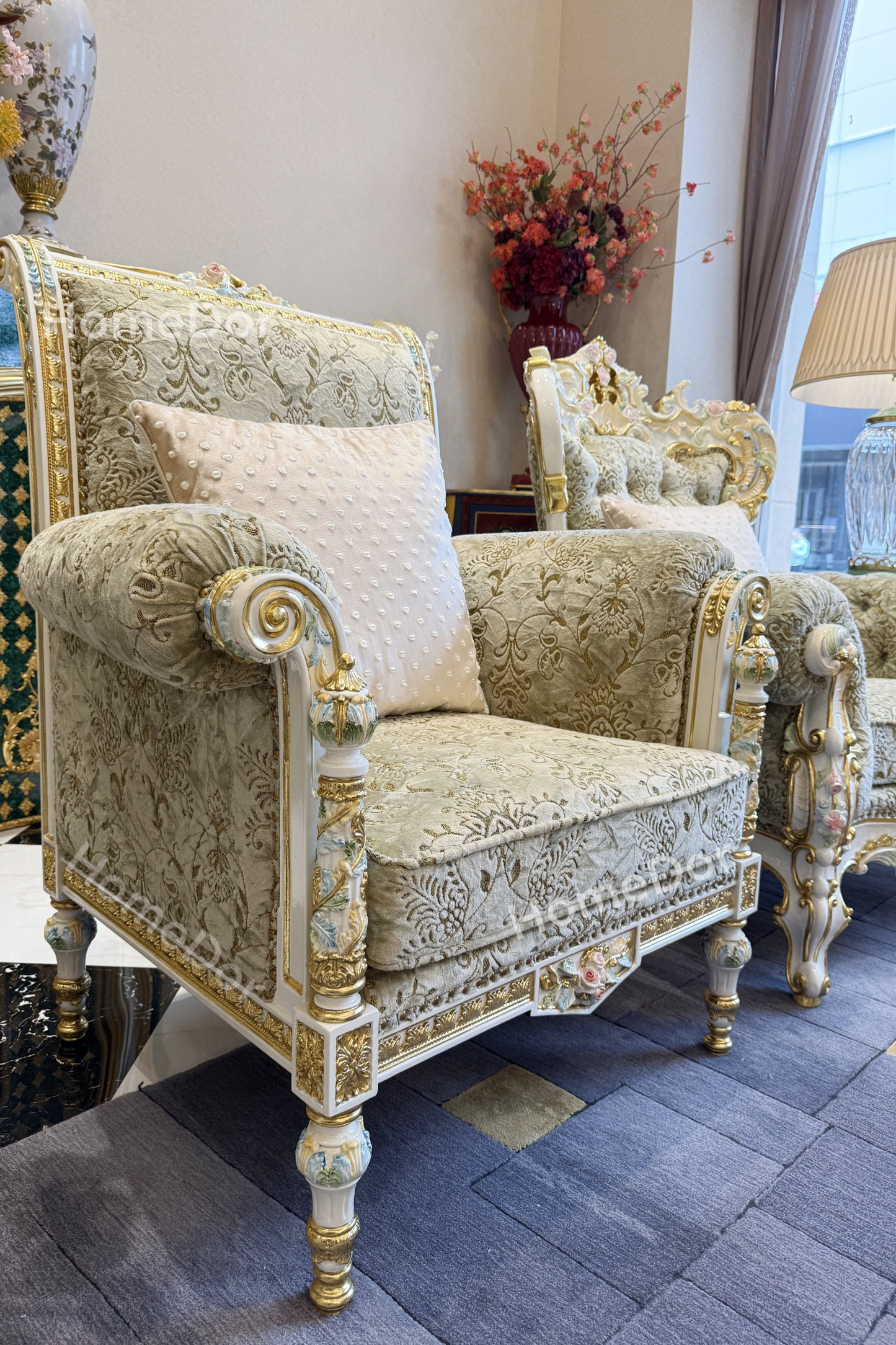 HomeDor × FH&Home | Royal French Rose Mahogany Fairy Green Sofa with Artisan Carving