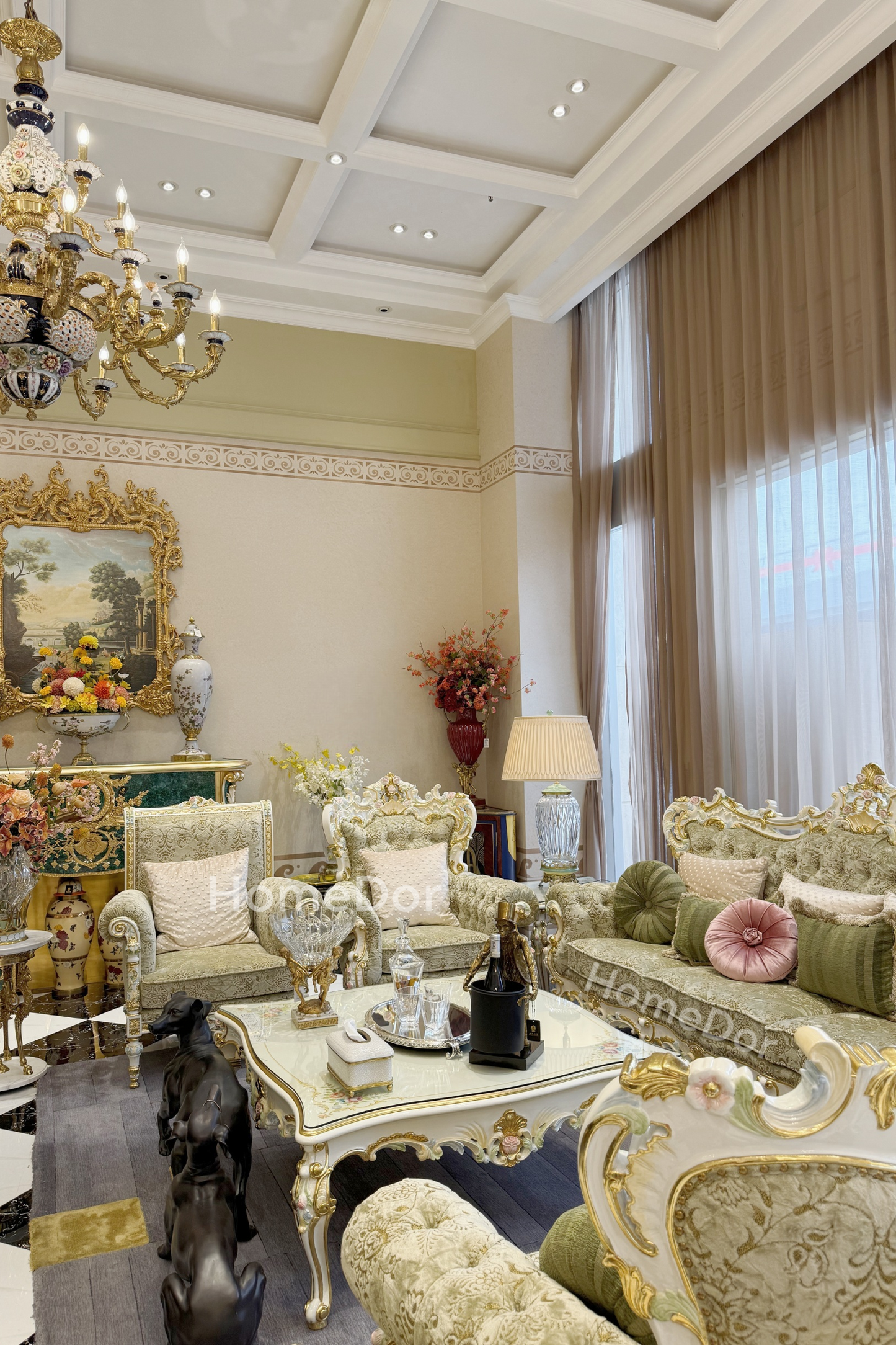 HomeDor × FH&Home | Royal French Rose Mahogany Fairy Green Sofa with Artisan Carving