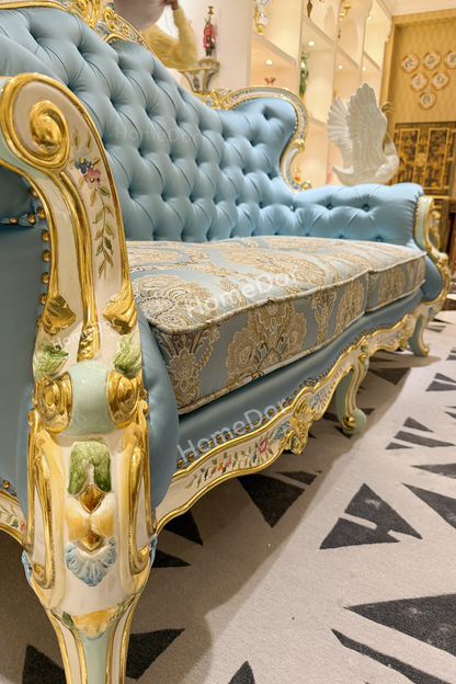 HomeDor × FH&Home | Blossom Crown Carved Mahogany Fabric Sofa Two/Three Seater Classic Floral Collection