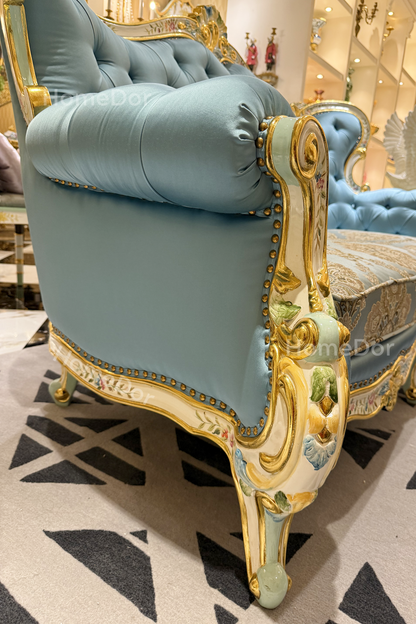 HomeDor × FH&Home | Blossom Crown Carved Mahogany Fabric Sofa Two/Three Seater Classic Floral Collection