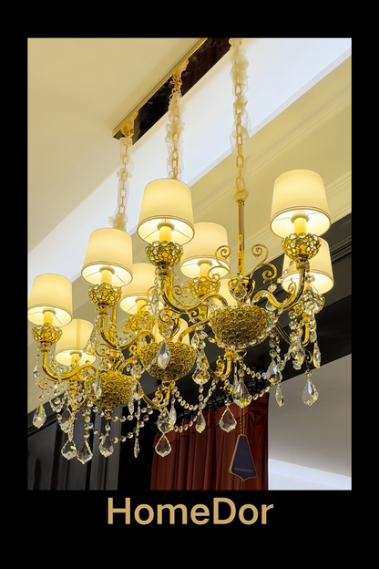 HomeDor Rococo Style 24K Color Luxury Brass Chandelier Set Crystal Light Fixture for Dining Room