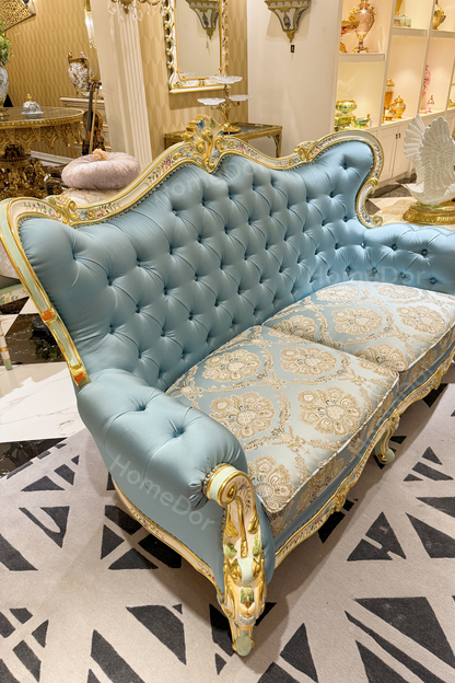 HomeDor × FH&Home | Blossom Crown Carved Mahogany Fabric Sofa Two/Three Seater Classic Floral Collection