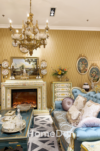 HomeDor × FH&Home | Blossom Crown Carved Mahogany Fabric Sofa Two/Three Seater Classic Floral Collection