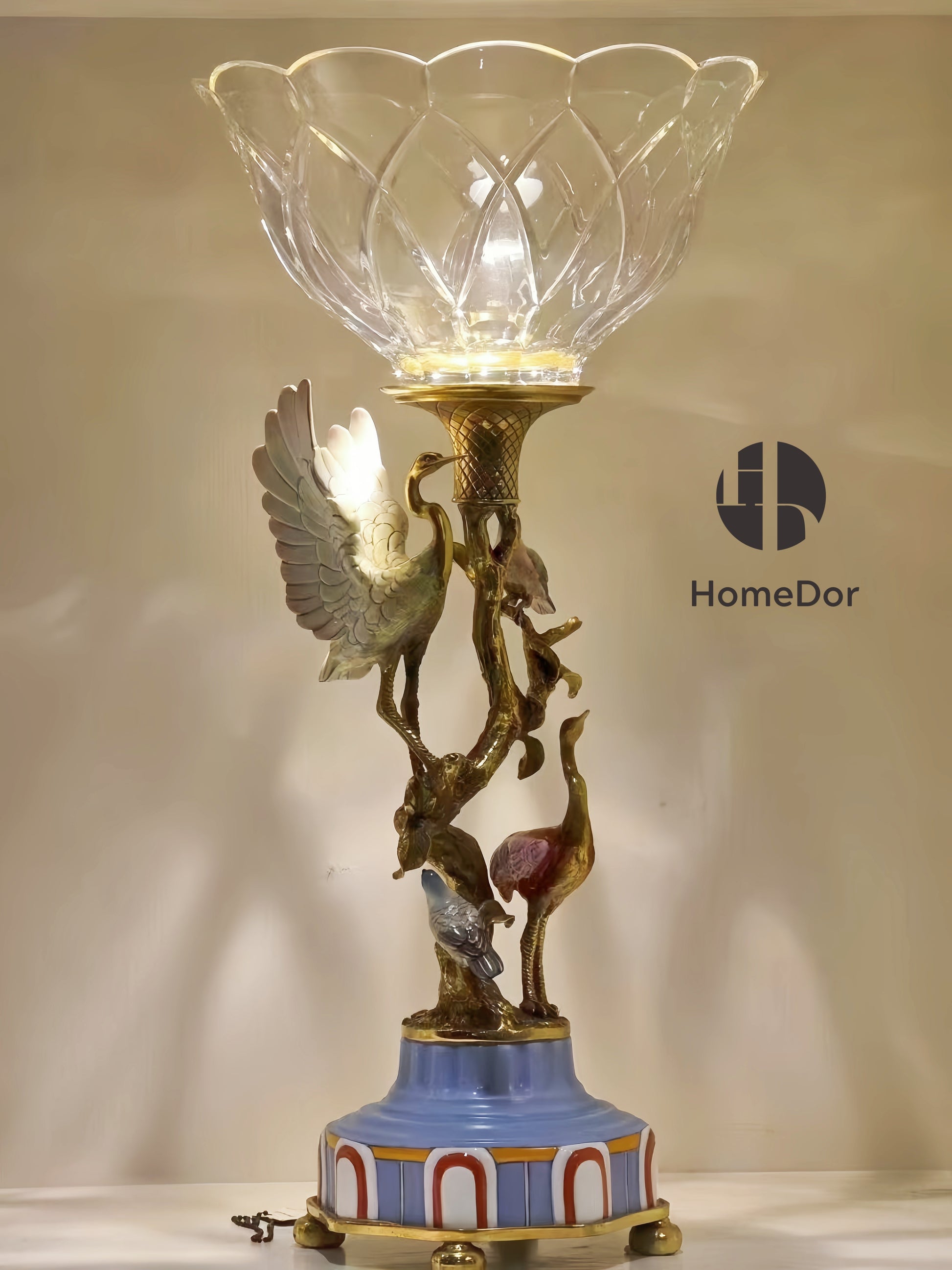 HomeDor-HomeDor × FH&Home | Prague Collection Crystal Glass Fruit Platter with Brass Cranes-L26cm × W26cm × H53cm-