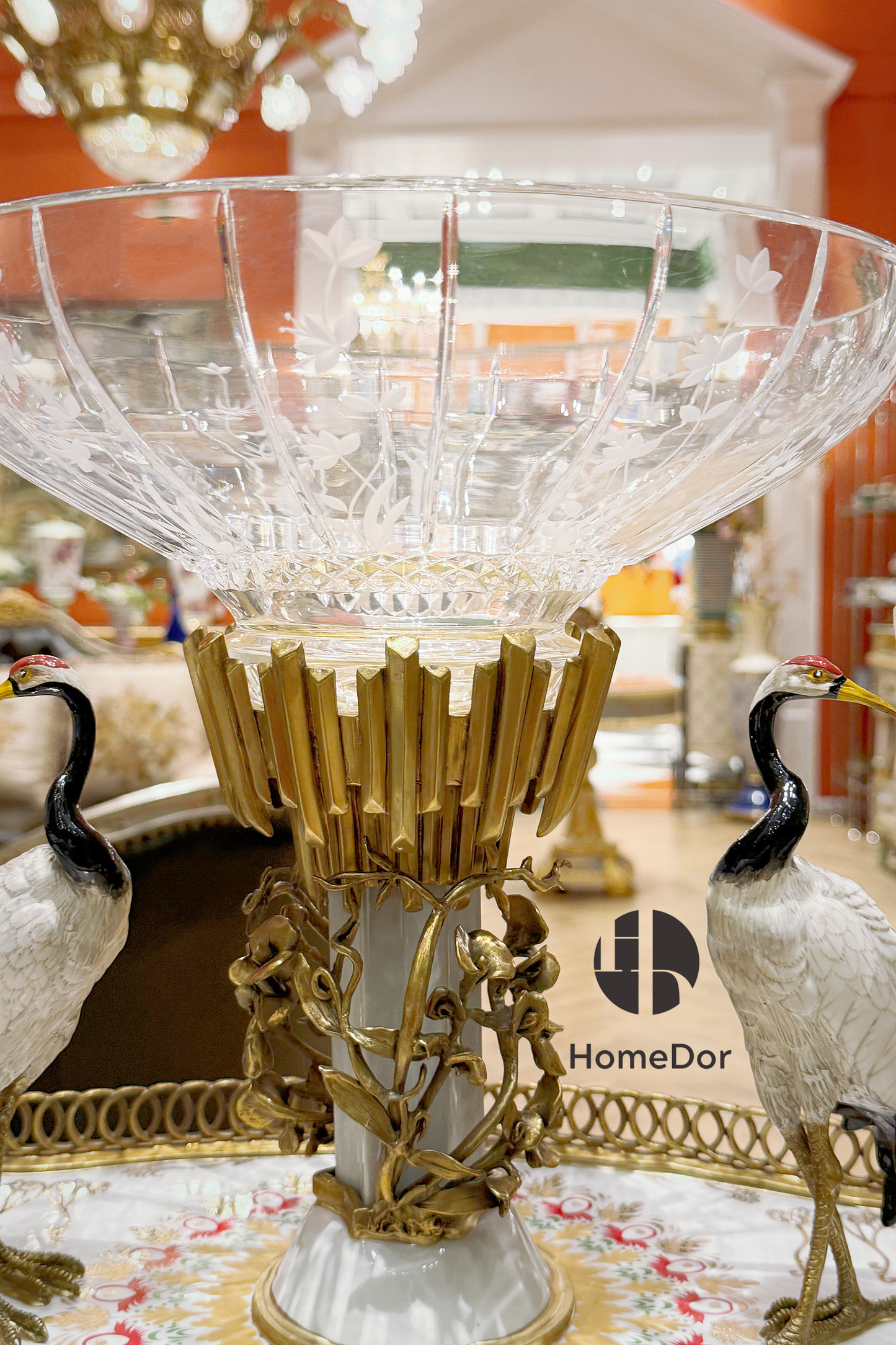 HomeDor-HomeDor × FH&Home | Prague Collection Exquisite Oriental Crane Crystal Glass Fruit Platter-Fruit Platter-Color A / L78cm × W36cm × H38cm-