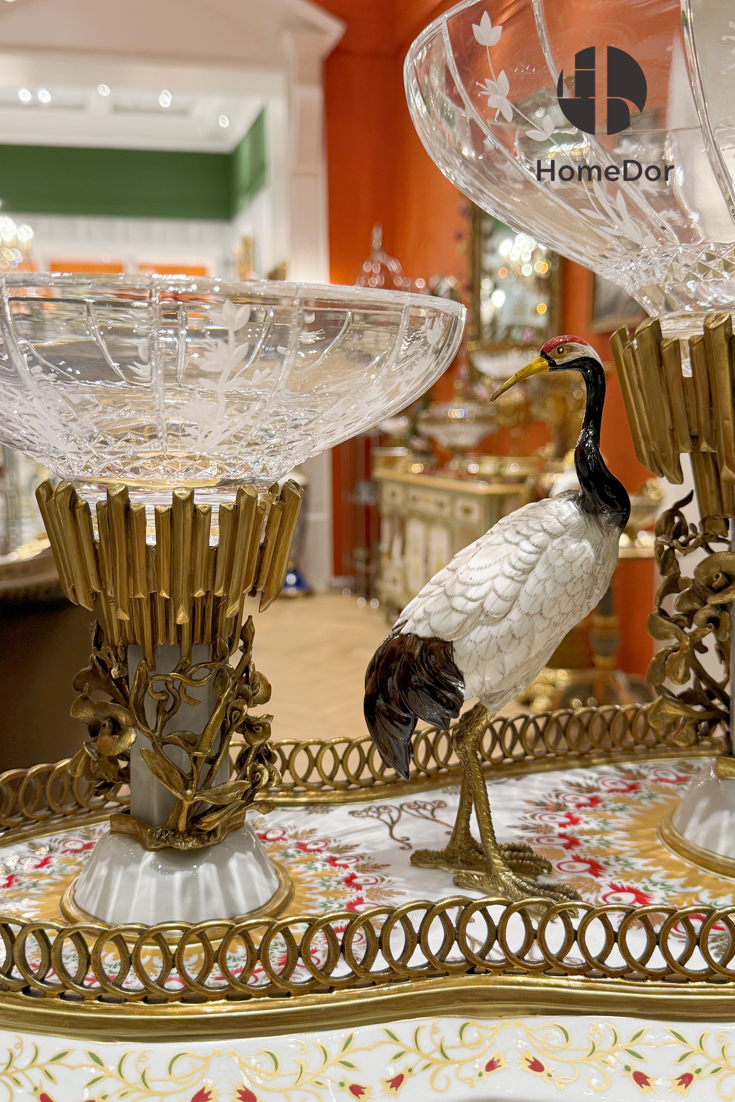 HomeDor-HomeDor × FH&Home | Prague Collection Exquisite Oriental Crane Crystal Glass Fruit Platter-Fruit Platter-Color A / L78cm × W36cm × H38cm-