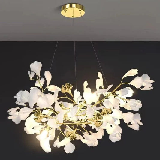 HomeDor Premium Linn Petal-shaped Ginkgo Branch Chandelier in white