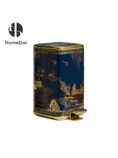 Royal Blue Series Chinese Figure Scenery Gold Painted Trash Bin