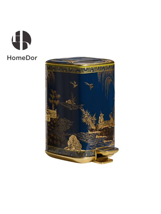Royal Blue Series Chinese Figure Scenery Gold Painted Trash Bin