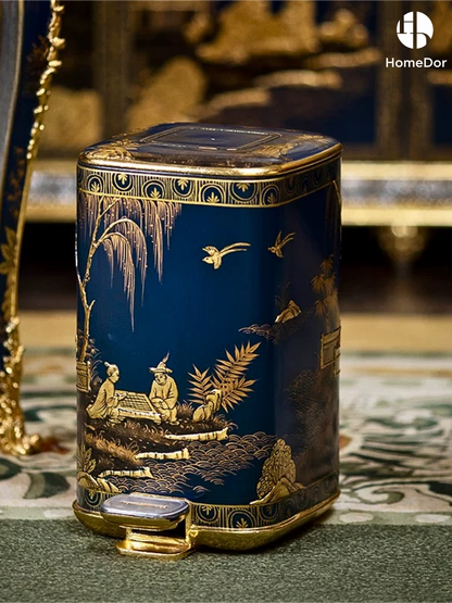 Royal Blue Series Chinese Figure Scenery Gold Painted Trash Bin1