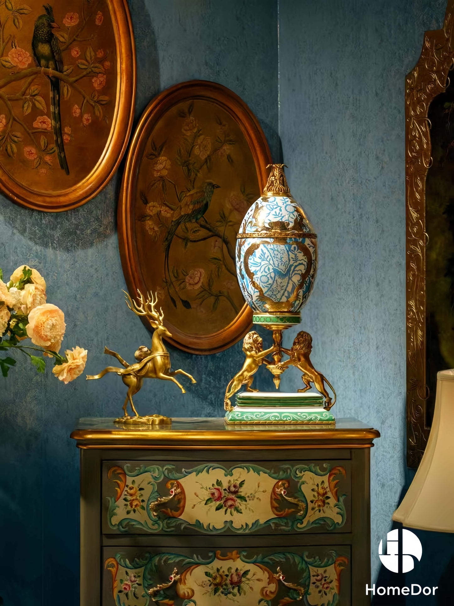 Royal Crown Egg-Shaped Blue Decorative Canisters with Lion Stand
1