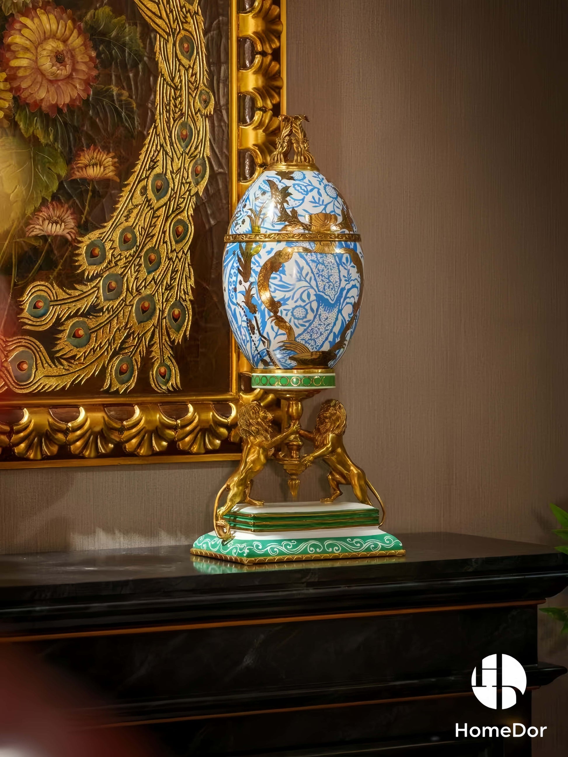 Royal Crown Egg-Shaped Blue Decorative Canisters with Lion Stand
2