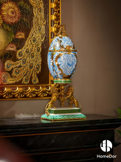 Royal Crown Egg-Shaped Blue Decorative Canisters with Lion Stand
2