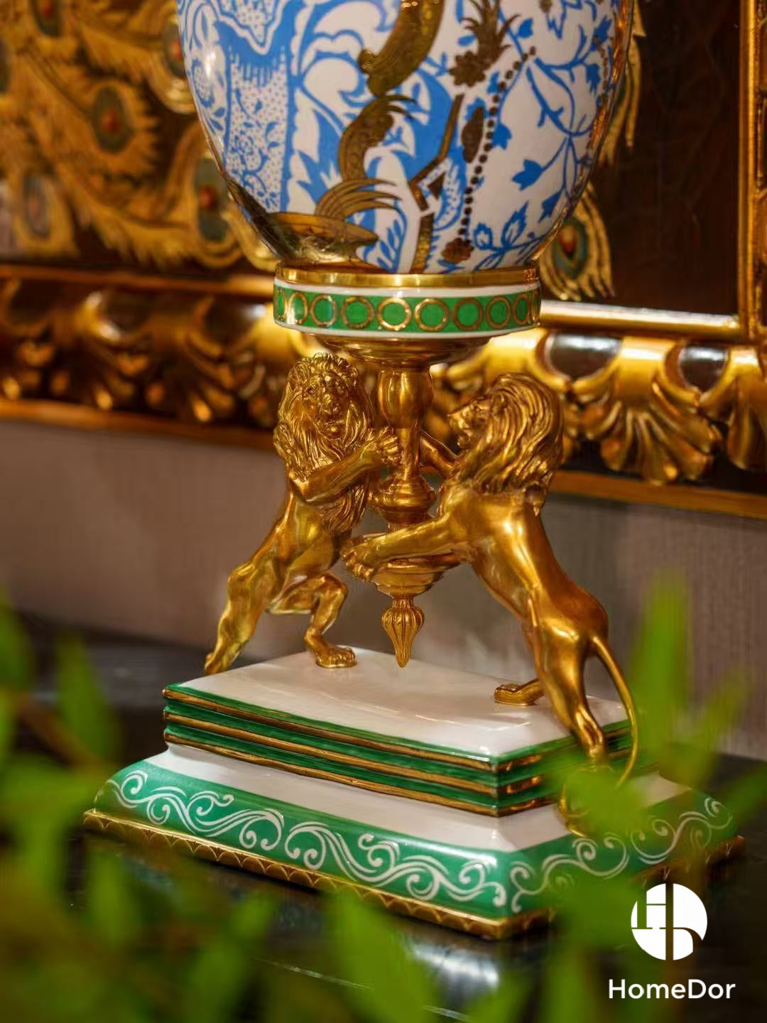 Royal Crown Egg-Shaped Blue Decorative Canisters with Lion Stand
4