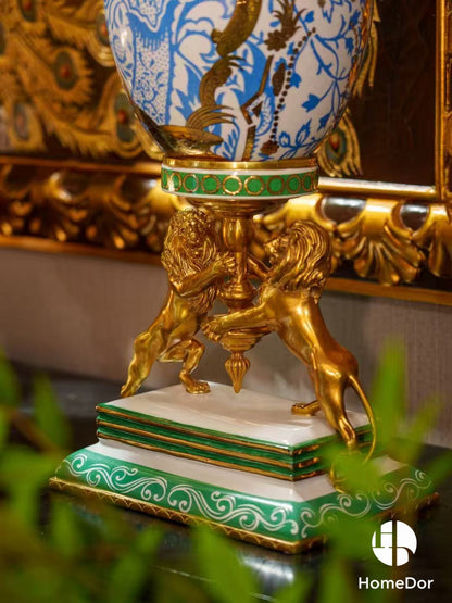 Royal Crown Egg-Shaped Blue Decorative Canisters with Lion Stand
4