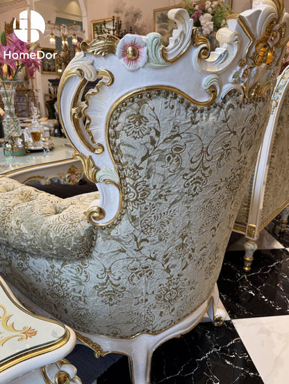 طقم أريكة رويال فرينش روز من خشب الماهوجني الأخضر الجنّي المنحوت يدوياً من هوم دور × إف إتش آند هوم