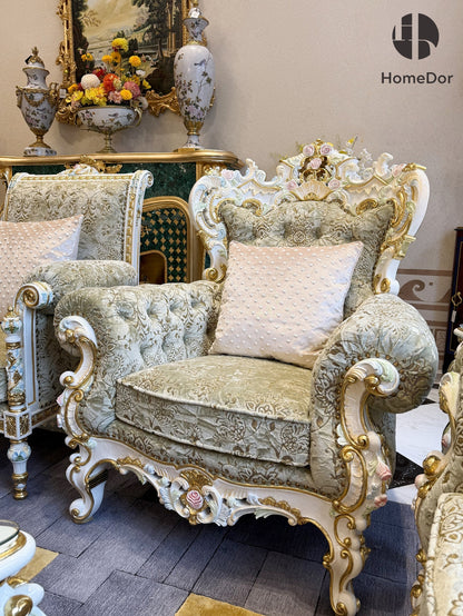 طقم أريكة رويال فرينش روز من خشب الماهوجني الأخضر الجنّي المنحوت يدوياً من هوم دور × إف إتش آند هوم